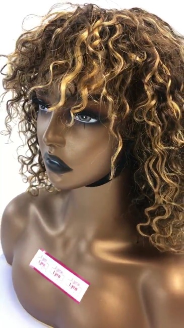 4/27 Piano Color 100% Human Hair Water Wave Machine Made Short Wig With Curly Bang