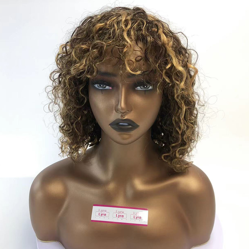 4/27 Piano Color 100% Human Hair Water Wave Machine Made Short Wig With Curly Bang