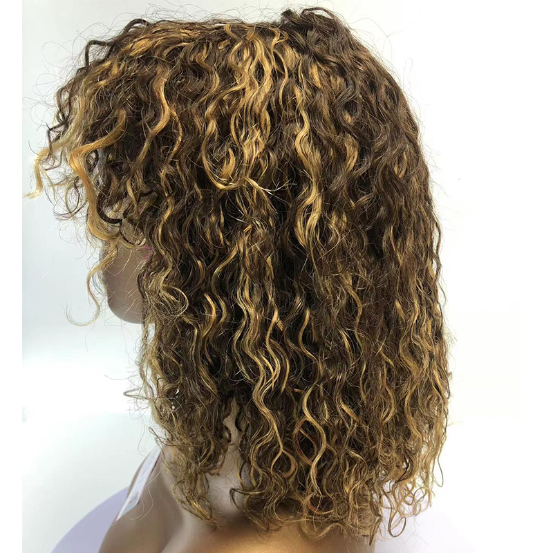 4/27 Piano Color 100% Human Hair Water Wave Machine Made Short Wig With Curly Bang