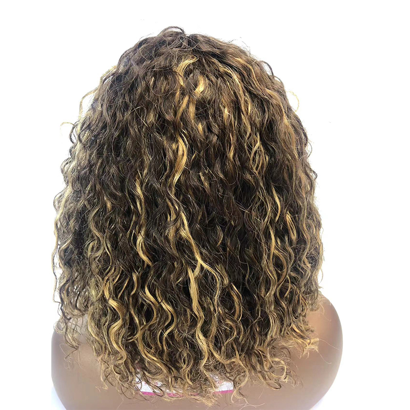4/27 Piano Color 100% Human Hair Water Wave Machine Made Short Wig With Curly Bang