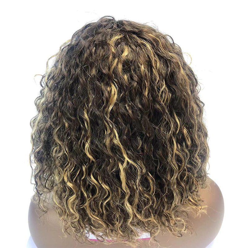 4/27 Piano Color 100% Human Hair Water Wave Machine Made Short Wig With Curly Bang