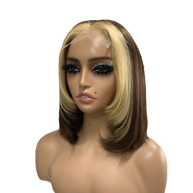180% 4*4 Lace Double Drawn Bob Wig Brown with Blonde Colored Human Hair Wig