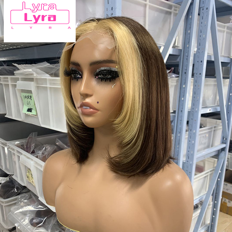 180% 4*4 Lace Double Drawn Bob Wig Brown with Blonde Colored Human Hair Wig