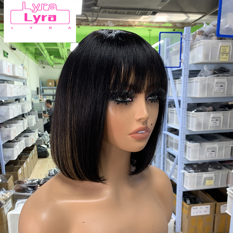 None Lace Machine Made P1b/8Highlight Straight Bob Bang Human Hair wigs