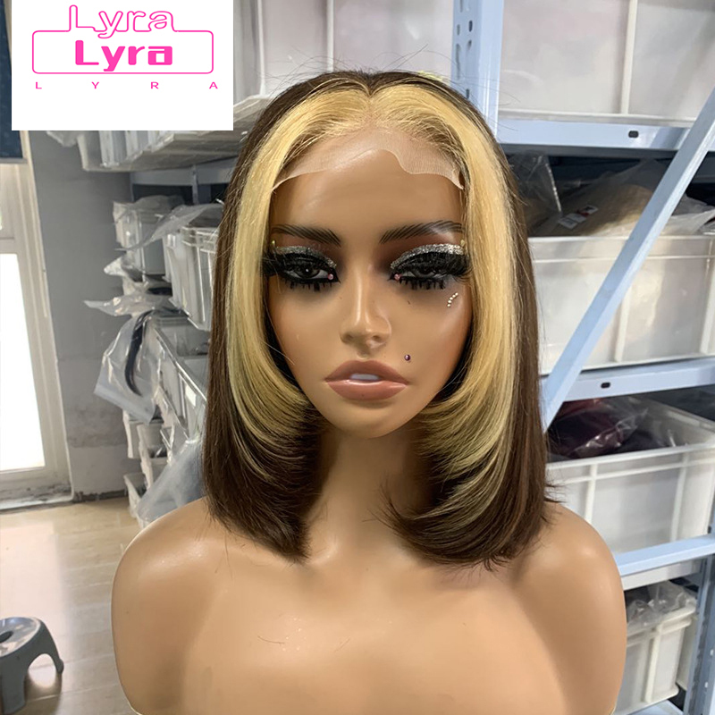 180% 4*4 Lace Double Drawn Bob Wig Brown with Blonde Colored Human Hair Wig