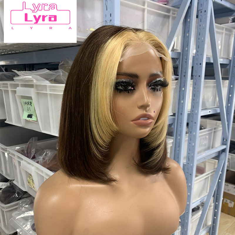 180% 4*4 Lace Double Drawn Bob Wig Brown with Blonde Colored Human Hair Wig