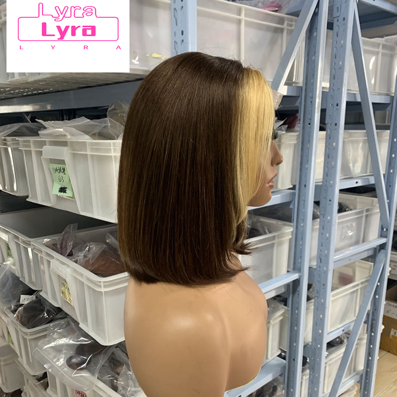 180% 4*4 Lace Double Drawn Bob Wig Brown with Blonde Colored Human Hair Wig