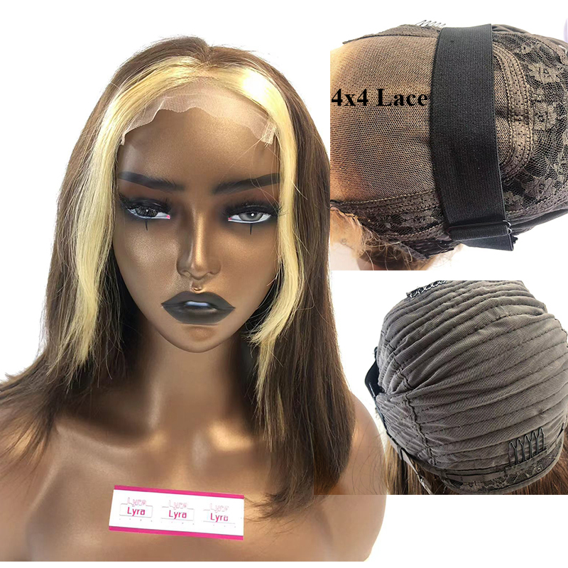 180% 4*4 Lace Double Drawn Bob Wig Brown with Blonde Highlight Human Hair Wig