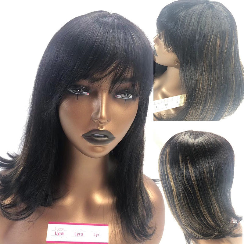 None Lace Machine Made P1b/8Highlight Straight Human Hair Bob wigs With Bang