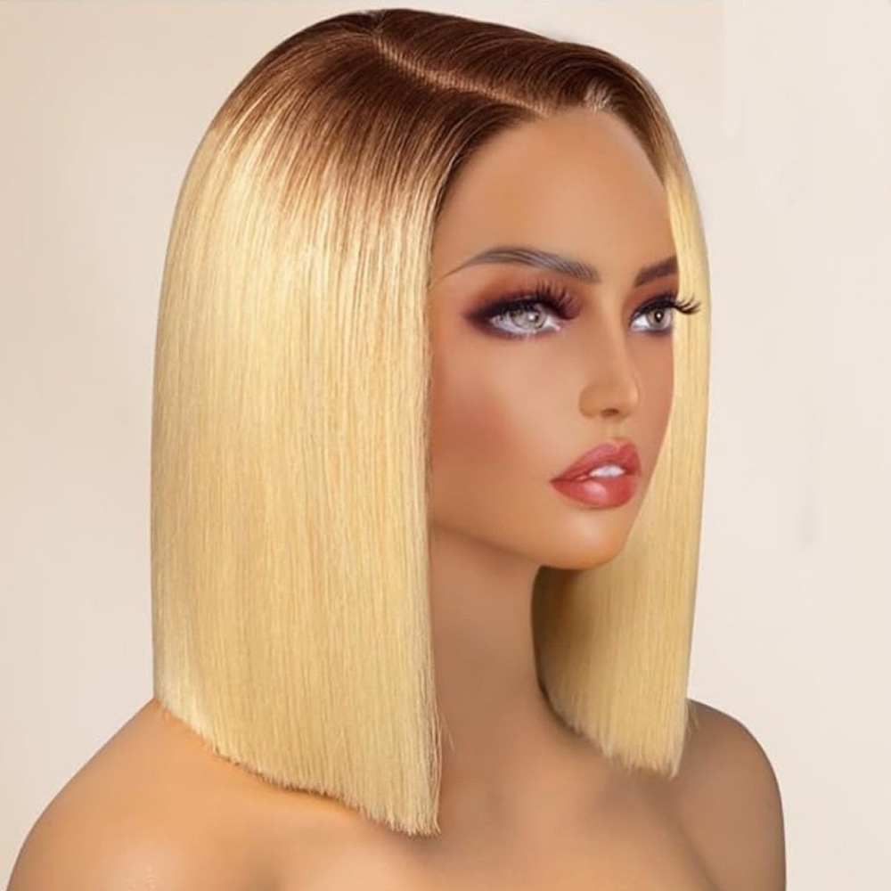 4/613 Blonde Ombre Human Hair Wig 180% Density 13x4 Lace Front Bob Wigs - Pre Plucked Hairline with Baby Hair, Natural Black to Blonde Highlights