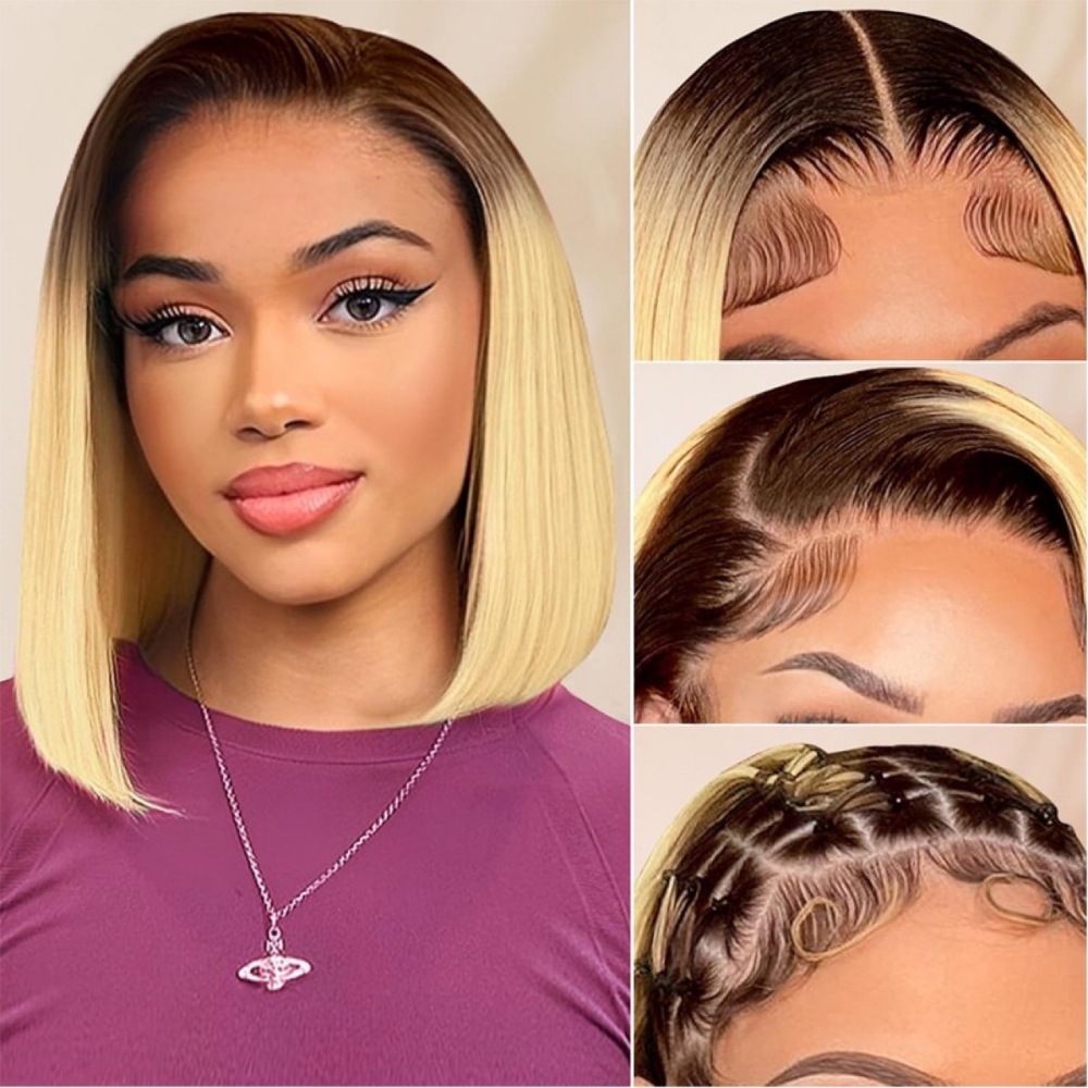 4/613 Blonde Ombre Human Hair Wig 180% Density 13x4 Lace Front Bob Wigs - Pre Plucked Hairline with Baby Hair, Natural Black to Blonde Highlights