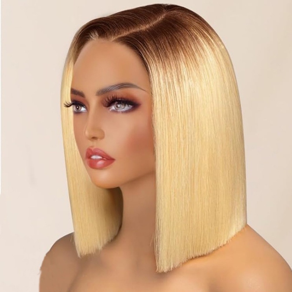 4/613 Blonde Ombre Human Hair Wig 180% Density 13x4 Lace Front Bob Wigs - Pre Plucked Hairline with Baby Hair, Natural Black to Blonde Highlights