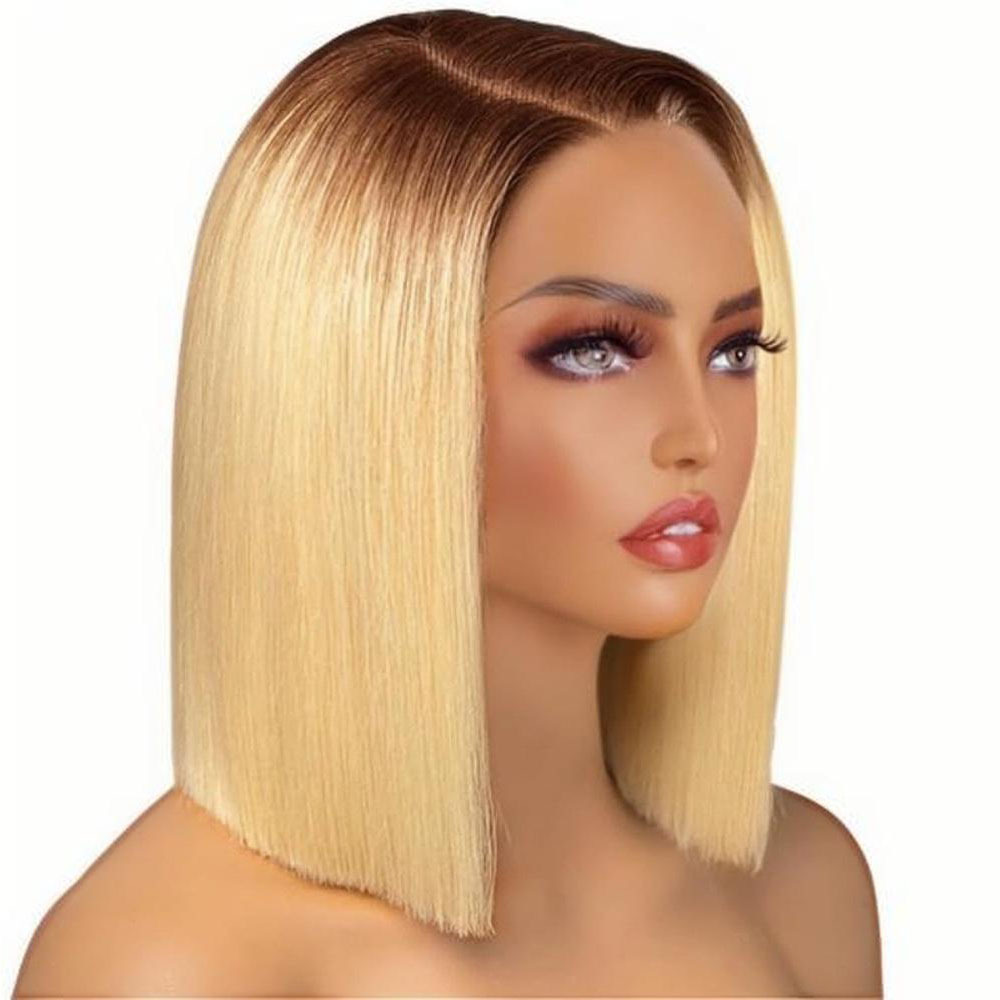 4/613 Blonde Ombre Human Hair Wig 180% Density 13x4 Lace Front Bob Wigs - Pre Plucked Hairline with Baby Hair, Natural Black to Blonde Highlights