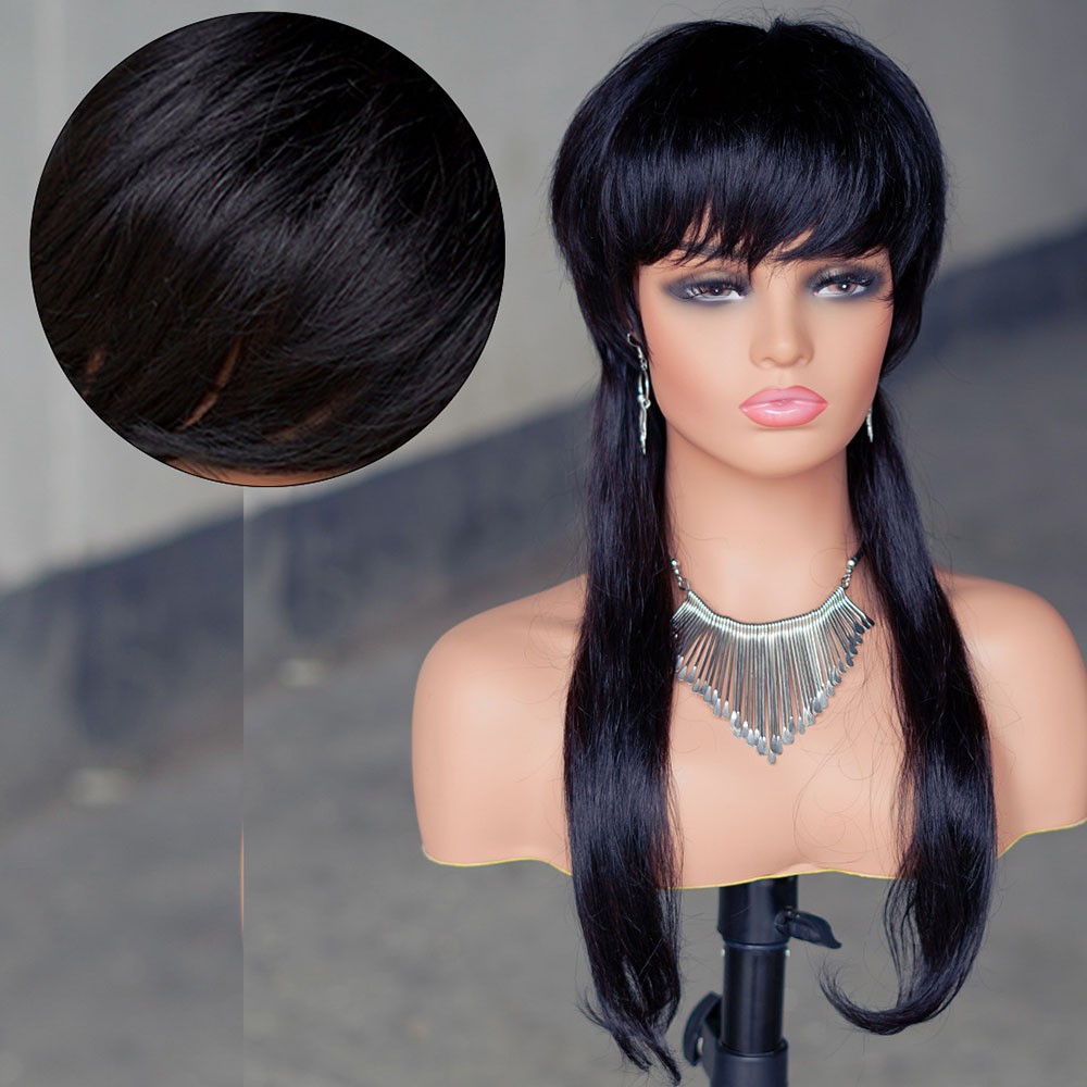 150% Density Wolf Ponytail Mullet Human Hair Wig - Natural Color