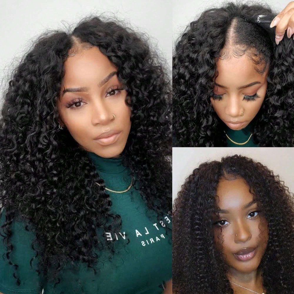 V Part Wig Human Hair Kinky Curly Glueless Wig