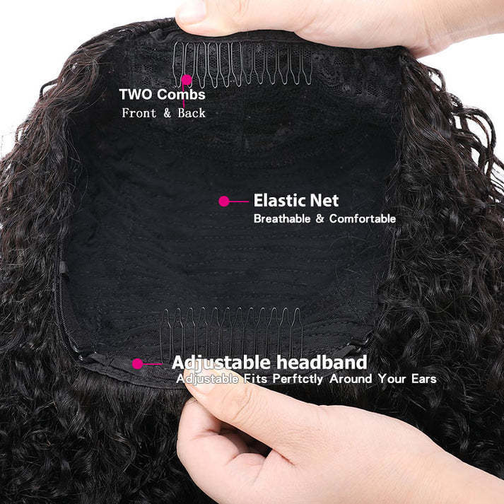 Half Wig Human Hair Kinky Curly Glueless Wig A Half-cap Headgear  For Human Hair