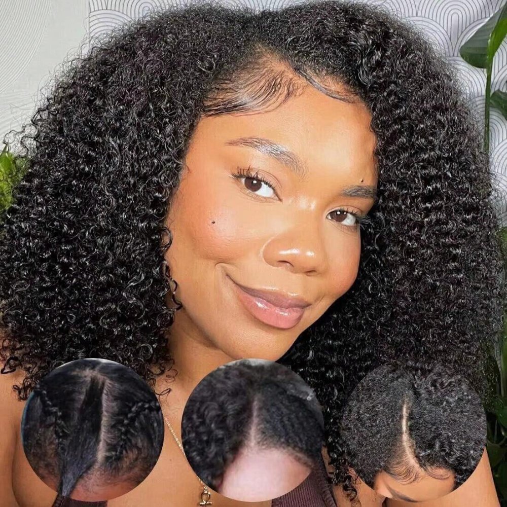 V Part Wig Human Hair Kinky Curly Glueless Wig