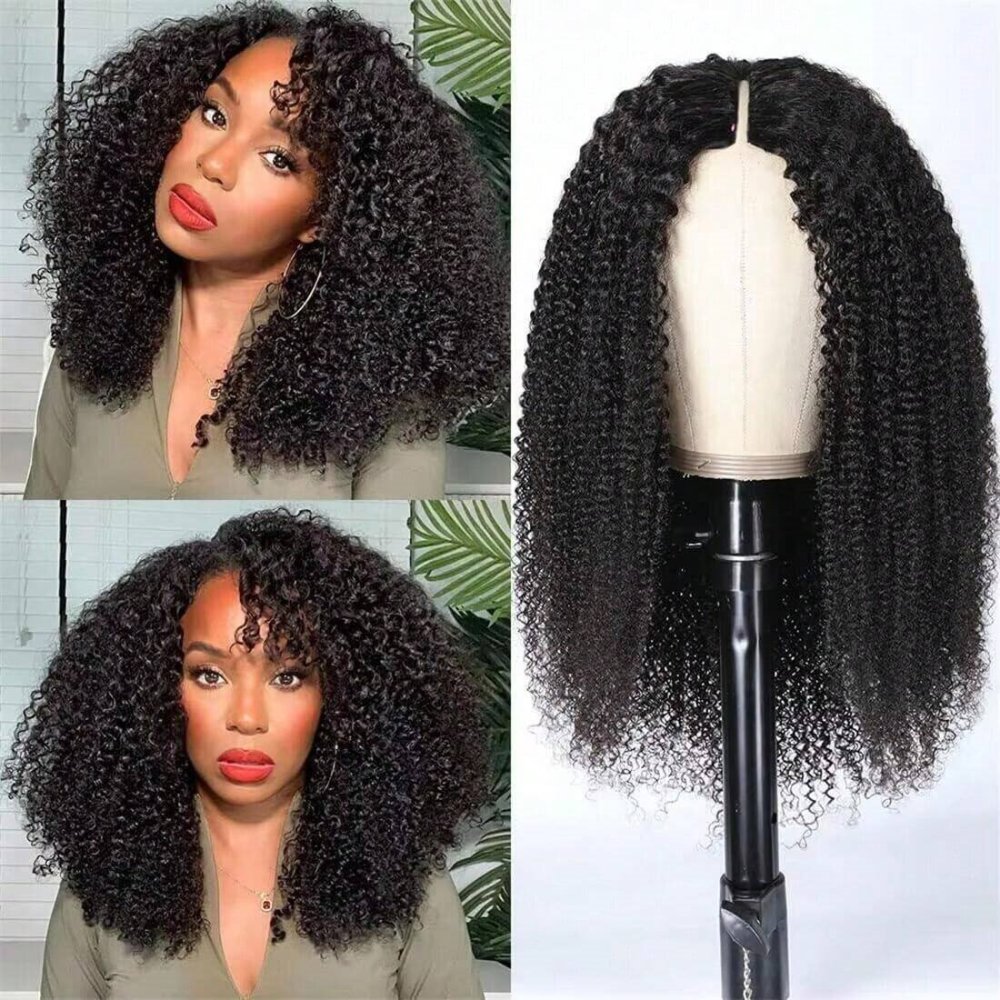 V Part Wig Human Hair Kinky Curly Glueless Wig