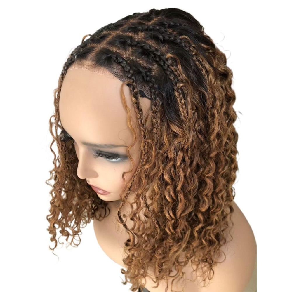 Boho Deep Curly 5x5 Closure Lace Braided Bob Human Hair Wigs Glueless Lace Front Pre Cut Plucked Hd Lace Ready To Go Ombre Brown Highlight Braid Wigs for Black Women