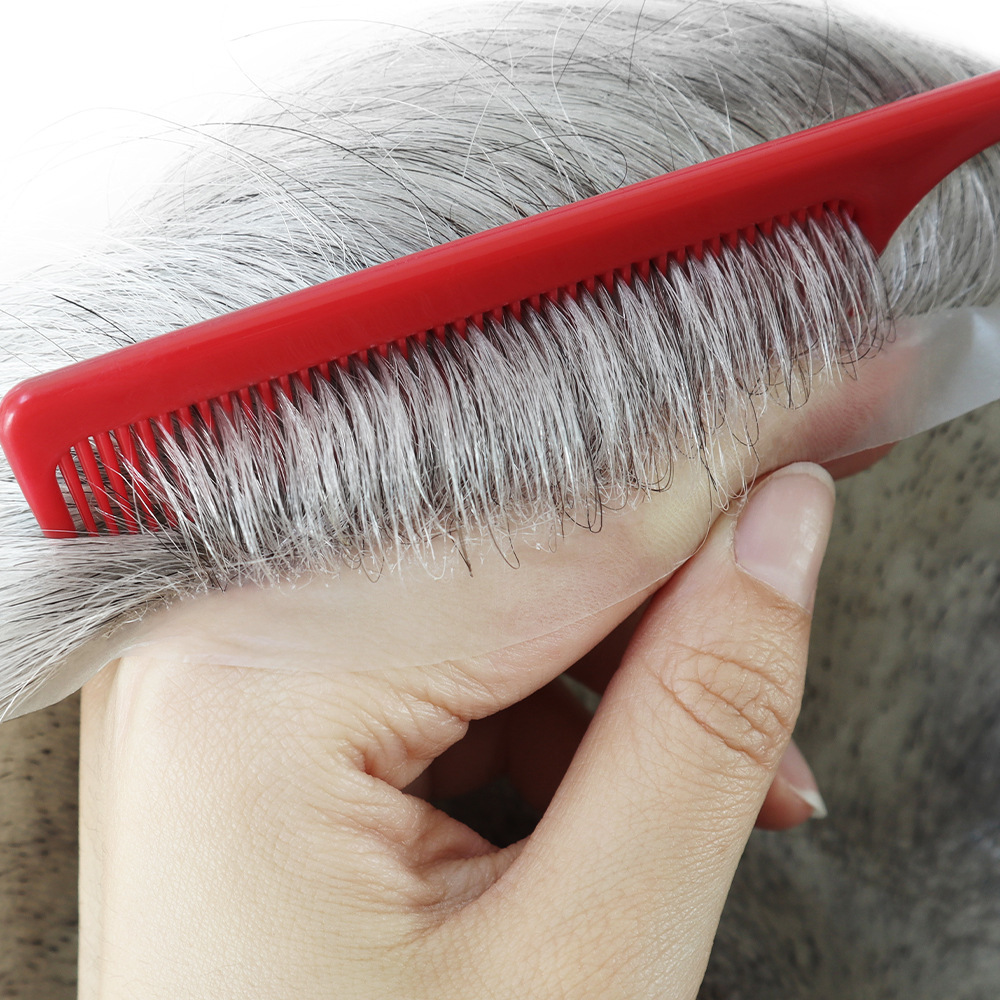 Thin Skin Human Hair Men Toupee Full PU Base Hairpiece Toupee For Men Grey Color Natural Wave Styles Human Hair Men's Prosthesis Replacement Systems 8x10 Size