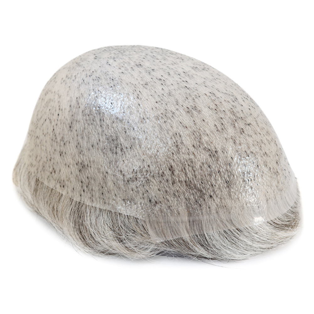 Thin Skin Human Hair Men Toupee Full PU Base Hairpiece Toupee For Men Grey Color Natural Wave Styles Human Hair Men's Prosthesis Replacement Systems 8x10 Size