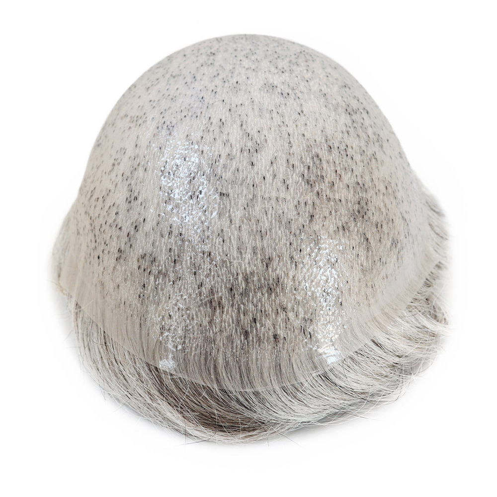 Thin Skin Human Hair Men Toupee Full PU Base Hairpiece Toupee For Men Grey Color Natural Wave Styles Human Hair Men's Prosthesis Replacement Systems 8x10 Size