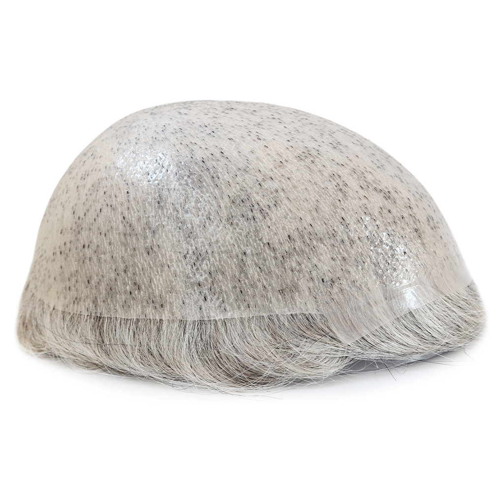 Thin Skin Human Hair Men Toupee Full PU Base Hairpiece Toupee For Men Grey Color Natural Wave Styles Human Hair Men's Prosthesis Replacement Systems 8x10 Size