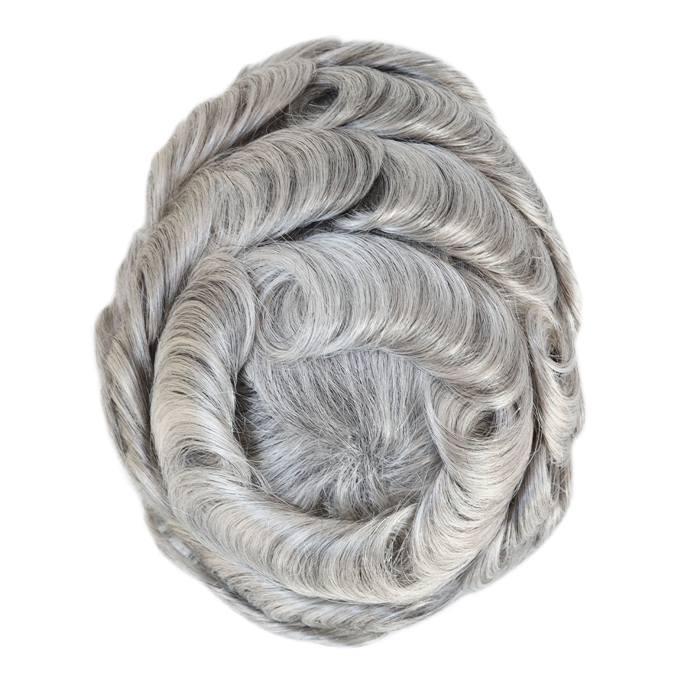 Thin Skin Human Hair Men Toupee Full PU Base Hairpiece Toupee For Men Grey Color Natural Wave Styles Human Hair Men's Prosthesis Replacement Systems 8x10 Size
