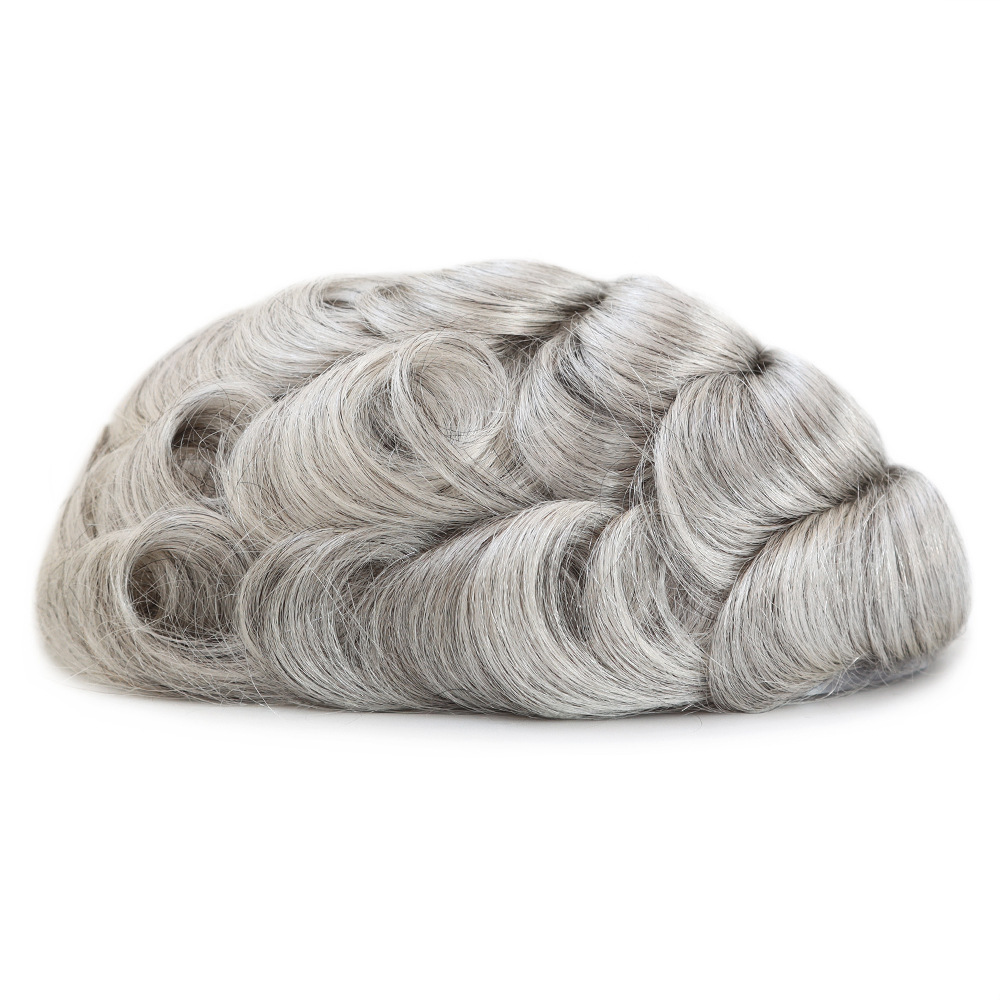 Thin Skin Human Hair Men Toupee Full PU Base Hairpiece Toupee For Men Grey Color Natural Wave Styles Human Hair Men's Prosthesis Replacement Systems 8x10 Size