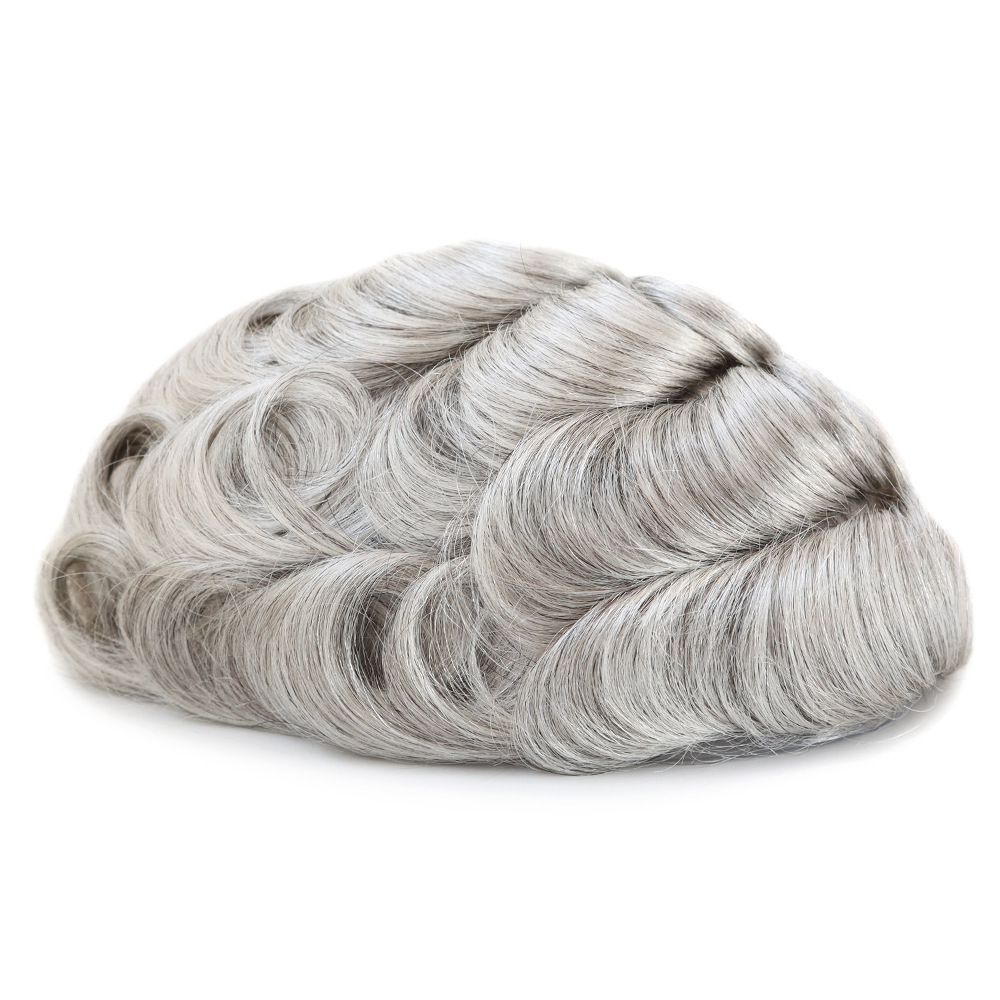 Thin Skin Human Hair Men Toupee Full PU Base Hairpiece Toupee For Men Grey Color Natural Wave Styles Human Hair Men's Prosthesis Replacement Systems 8x10 Size