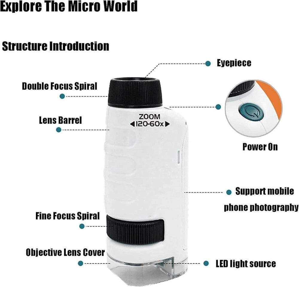 UPICKPICK Miniscope Kids Pocket Microscope for Scientific Experiment, Portable Handheld Microscope with LED Light, Educational Toy for Kids