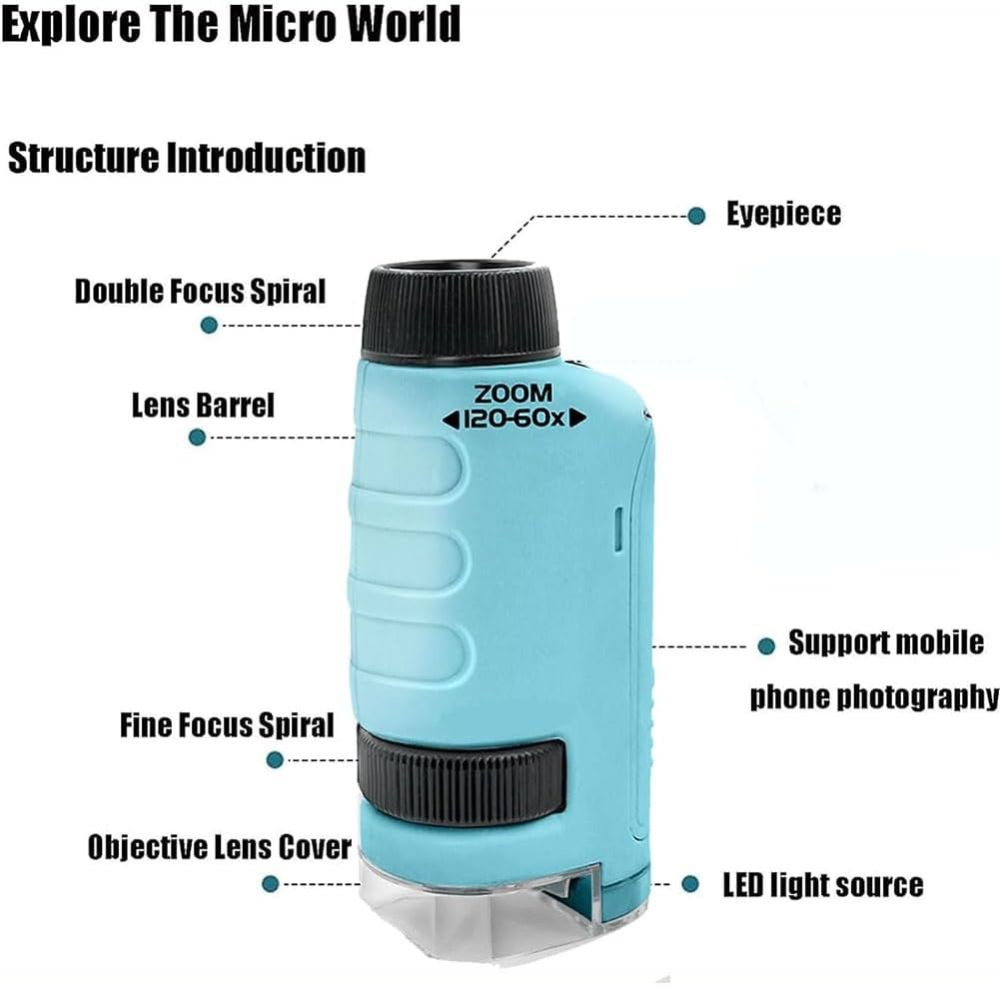 UPICKPICK Miniscope Kids Pocket Microscope for Scientific Experiment, Portable Handheld Microscope with LED Light, Educational Toy for Kids