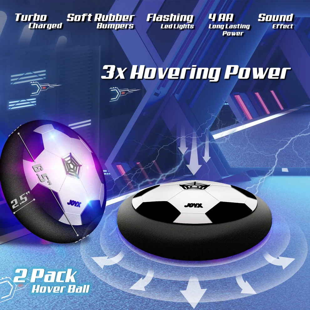 Hover Soccer Balls for Kids – Indoor Games with LED Lights & Foam Bumpers, Perfect Christmas & Birthday Gifts for Boys, Girls, & Siblings Ages 3-10 (2 Pack, Black & Blue)