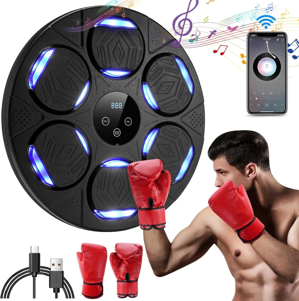 Wall Mounted Boxing Machine With Bluetooth Rechargeable LED Light, Boxing Training Equipment With Gloves