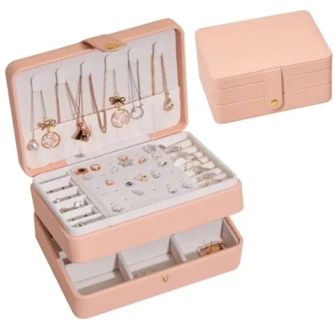 Jewelry Box for Women Girls Girlfriend Wife Ideal Gift, Medium PU Leather Jewelry Organizer Case with Two Layers Display