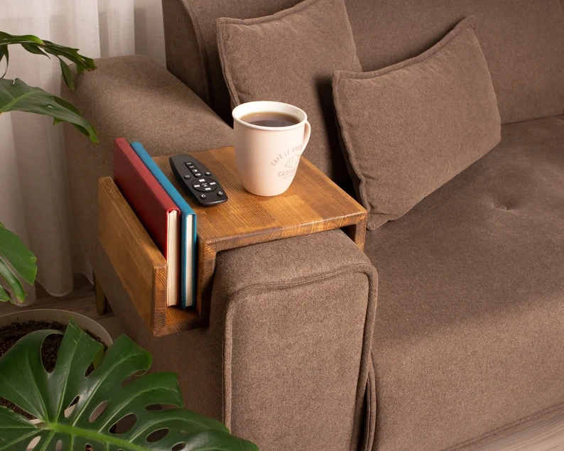 Functional Wooden Armrest Table, Couch Armrest Table with Magazine Rack, Simply Sofa Arm Tray Table, Custom Wooden Sofa Arm Table Gift for Dad