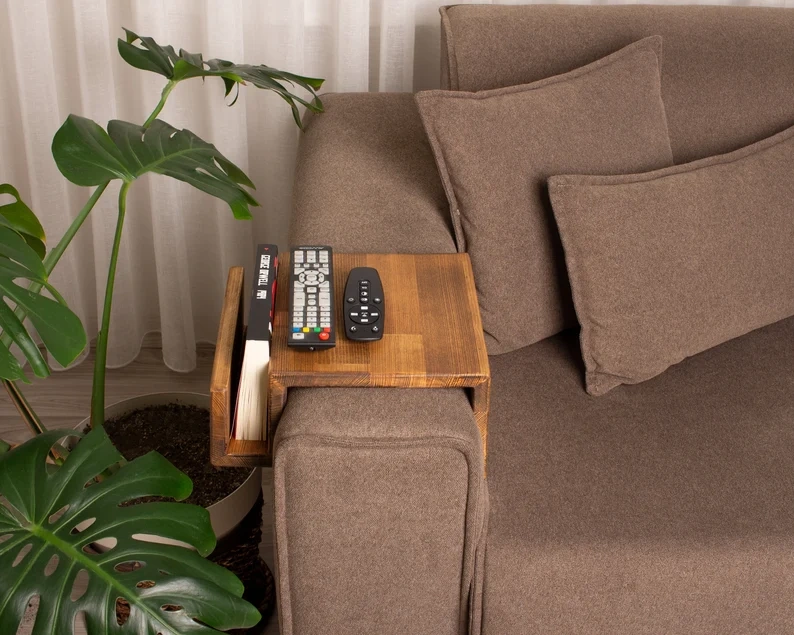 Functional Wooden Armrest Table, Couch Armrest Table with Magazine Rack, Simply Sofa Arm Tray Table, Custom Wooden Sofa Arm Table Gift for Dad