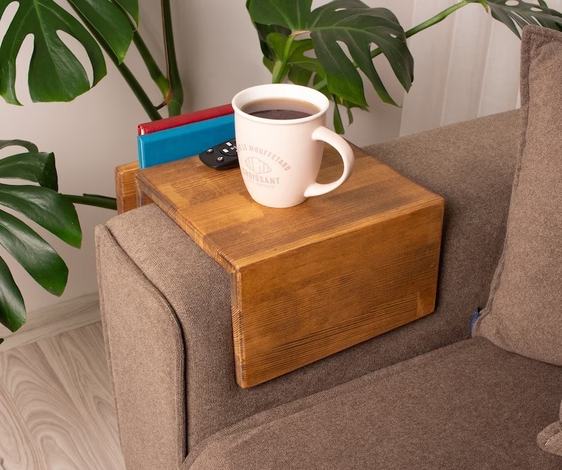 Functional Wooden Armrest Table, Couch Armrest Table with Magazine Rack, Simply Sofa Arm Tray Table, Custom Wooden Sofa Arm Table Gift for Dad