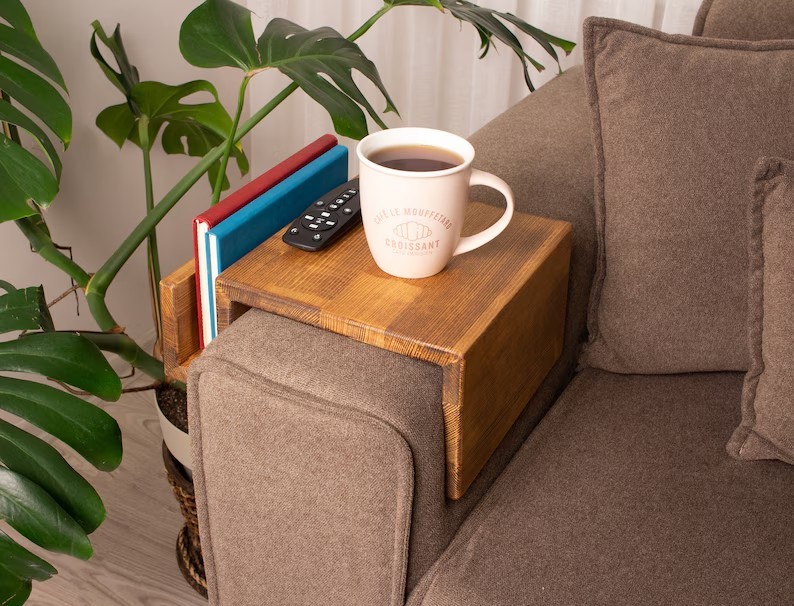 Functional Wooden Armrest Table, Couch Armrest Table with Magazine Rack, Simply Sofa Arm Tray Table, Custom Wooden Sofa Arm Table Gift for Dad