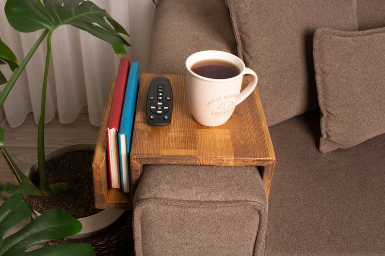 Functional Wooden Armrest Table, Couch Armrest Table with Magazine Rack, Simply Sofa Arm Tray Table, Custom Wooden Sofa Arm Table Gift for Dad