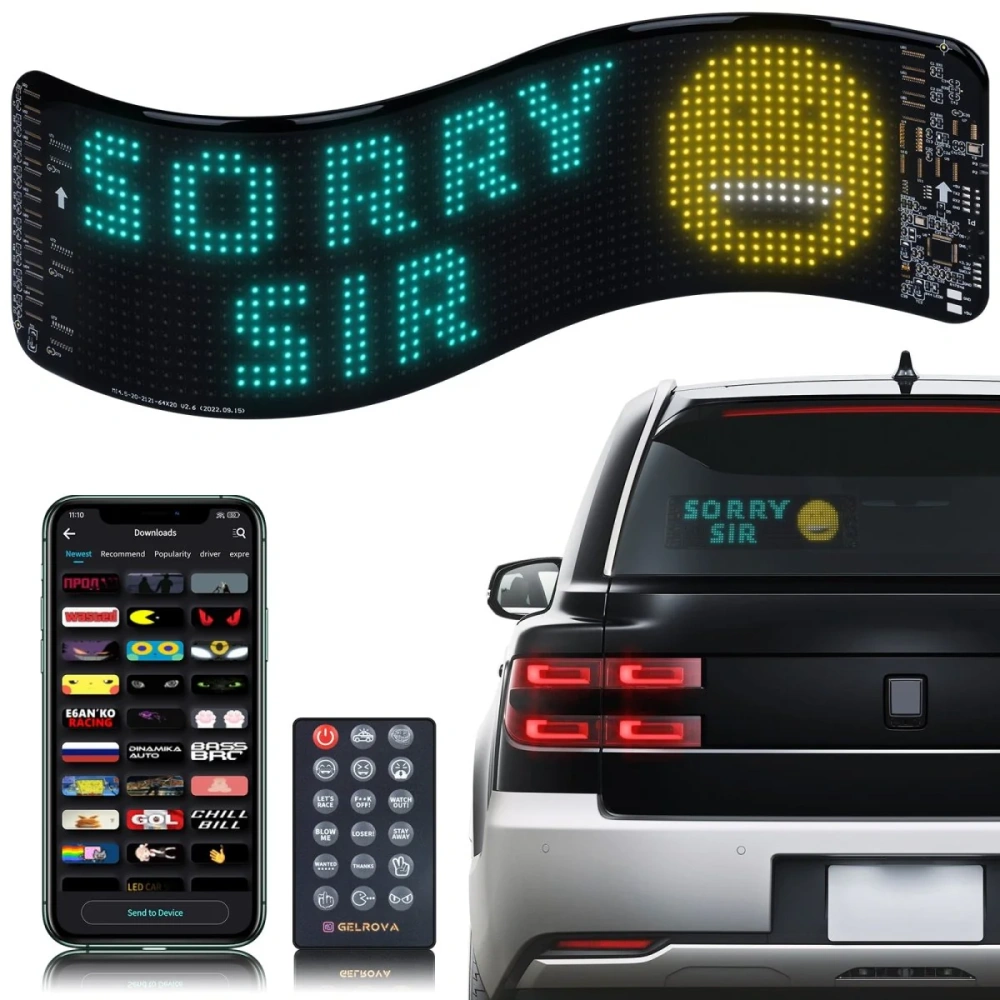 Customizable Gelrova LED Display, Flexible LED Car Sign Light Remote and App Control Custom Programmable LED Display for Store Car Bar Hotel, Scrolling Bright Advertising LED Signs (14"x4")