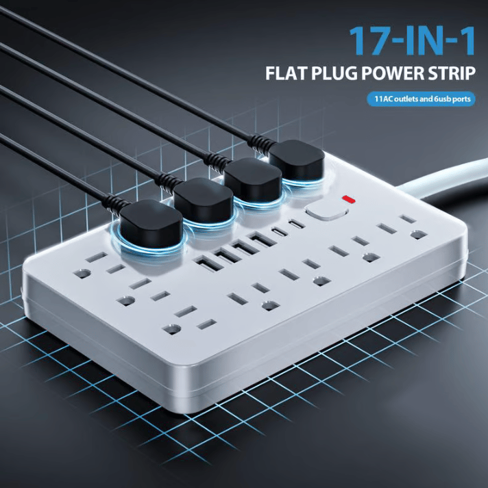 💥17 in 1 Surge Protector Power Strip, 1 Count Flat Plug Power Strip with 4 USB Ports and 2 USB-C