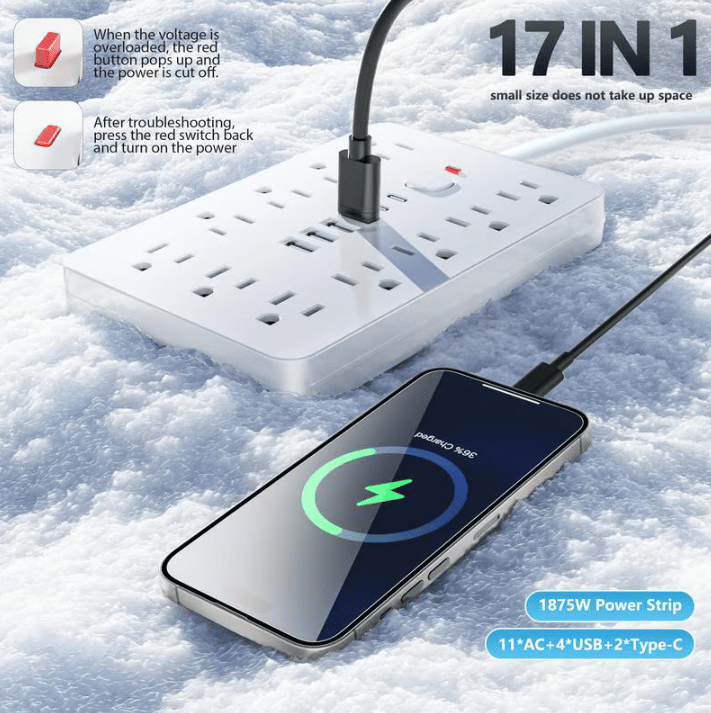 💥17 in 1 Surge Protector Power Strip, 1 Count Flat Plug Power Strip with 4 USB Ports and 2 USB-C