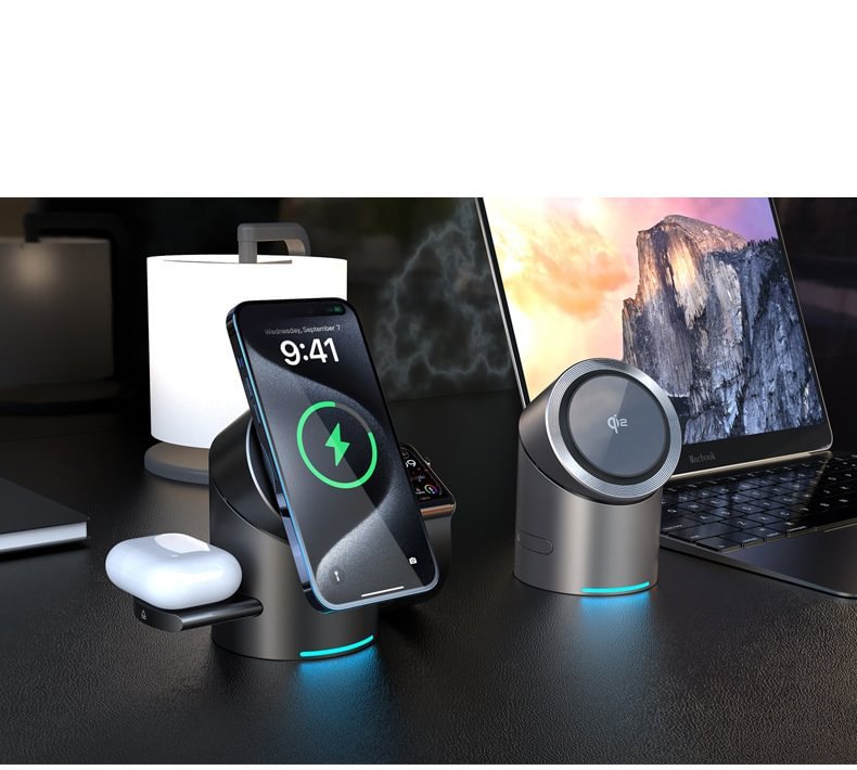 qi2 certified magsafe magnetic 3 in 1 wireless charger mobile phone fast charging stand rotating desktop charging station