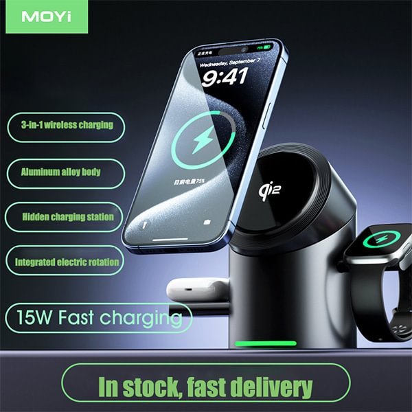 qi2 certified magsafe magnetic 3 in 1 wireless charger mobile phone fast charging stand rotating desktop charging station