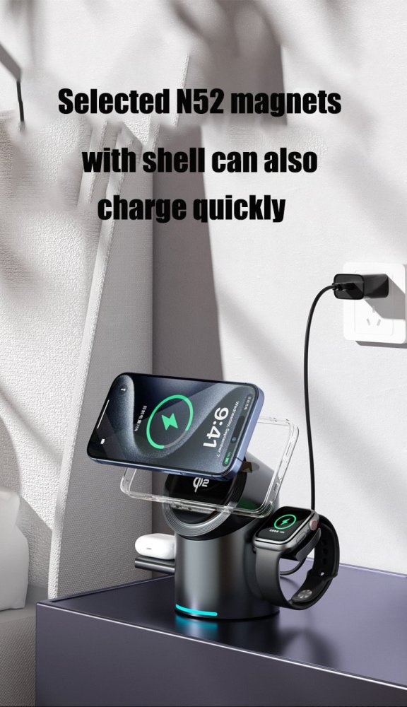 qi2 certified magsafe magnetic 3 in 1 wireless charger mobile phone fast charging stand rotating desktop charging station