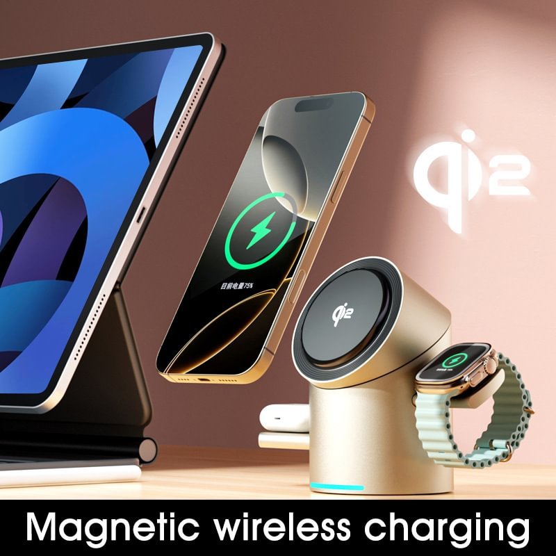 qi2 certified magsafe magnetic 3 in 1 wireless charger mobile phone fast charging stand rotating desktop charging station
