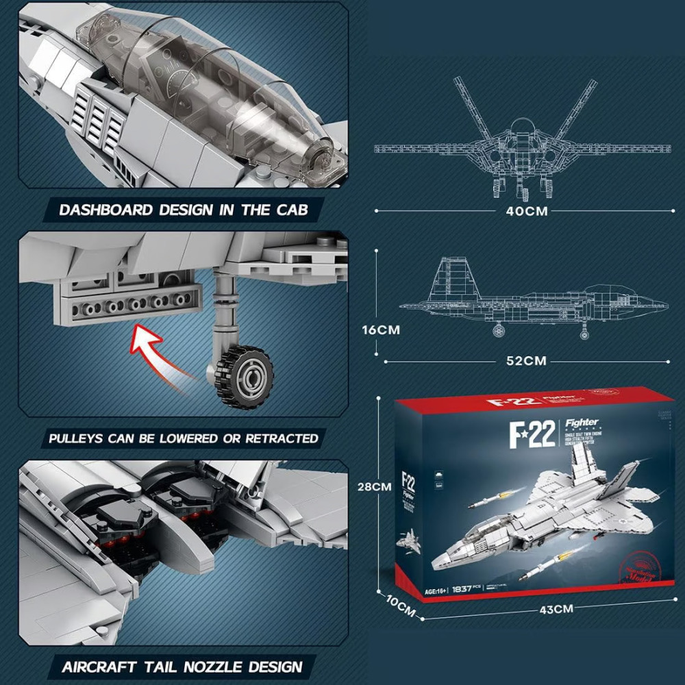 F22 Raptor Fighter Building Kit, Military Series Building Blocks Set