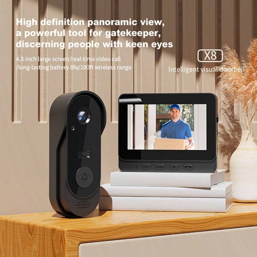 Wireless Video Doorbell, With 4.3 Inch Screen Real Time Indoor Monitor