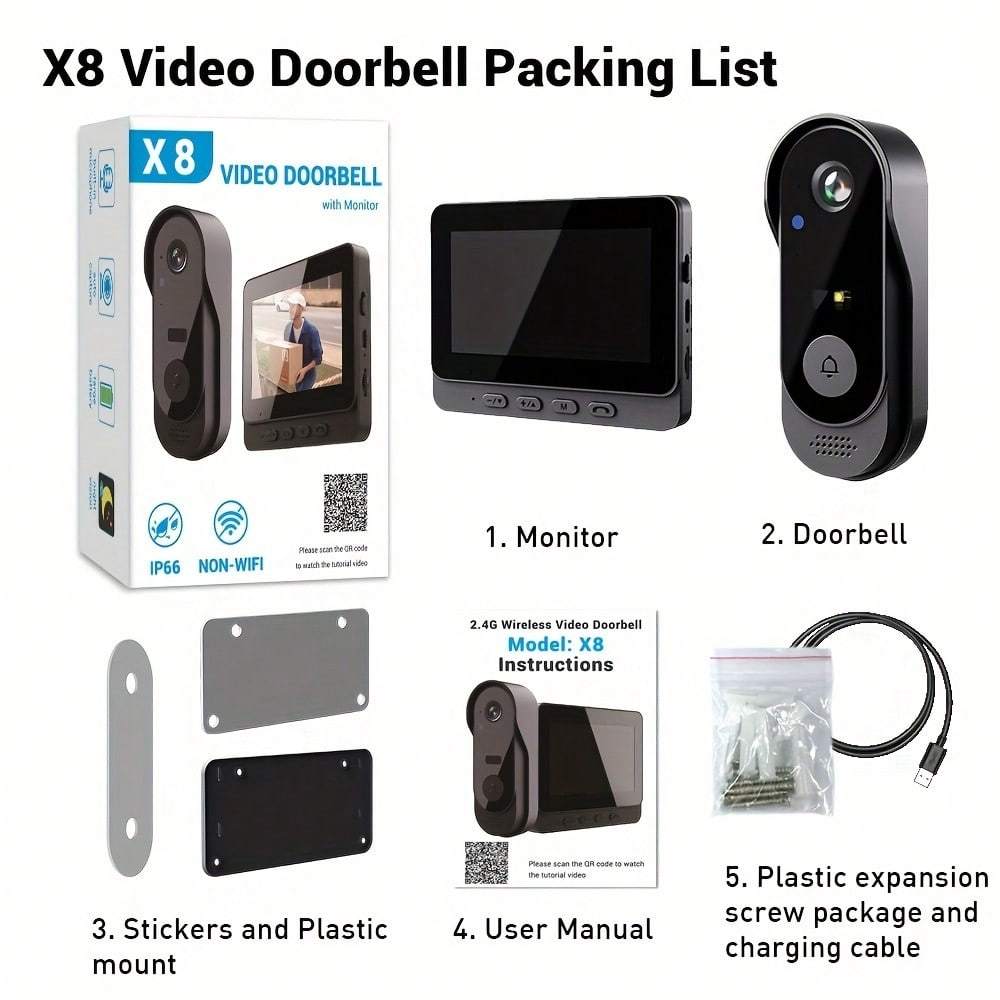 Wireless Video Doorbell, With 4.3 Inch Screen Real Time Indoor Monitor
